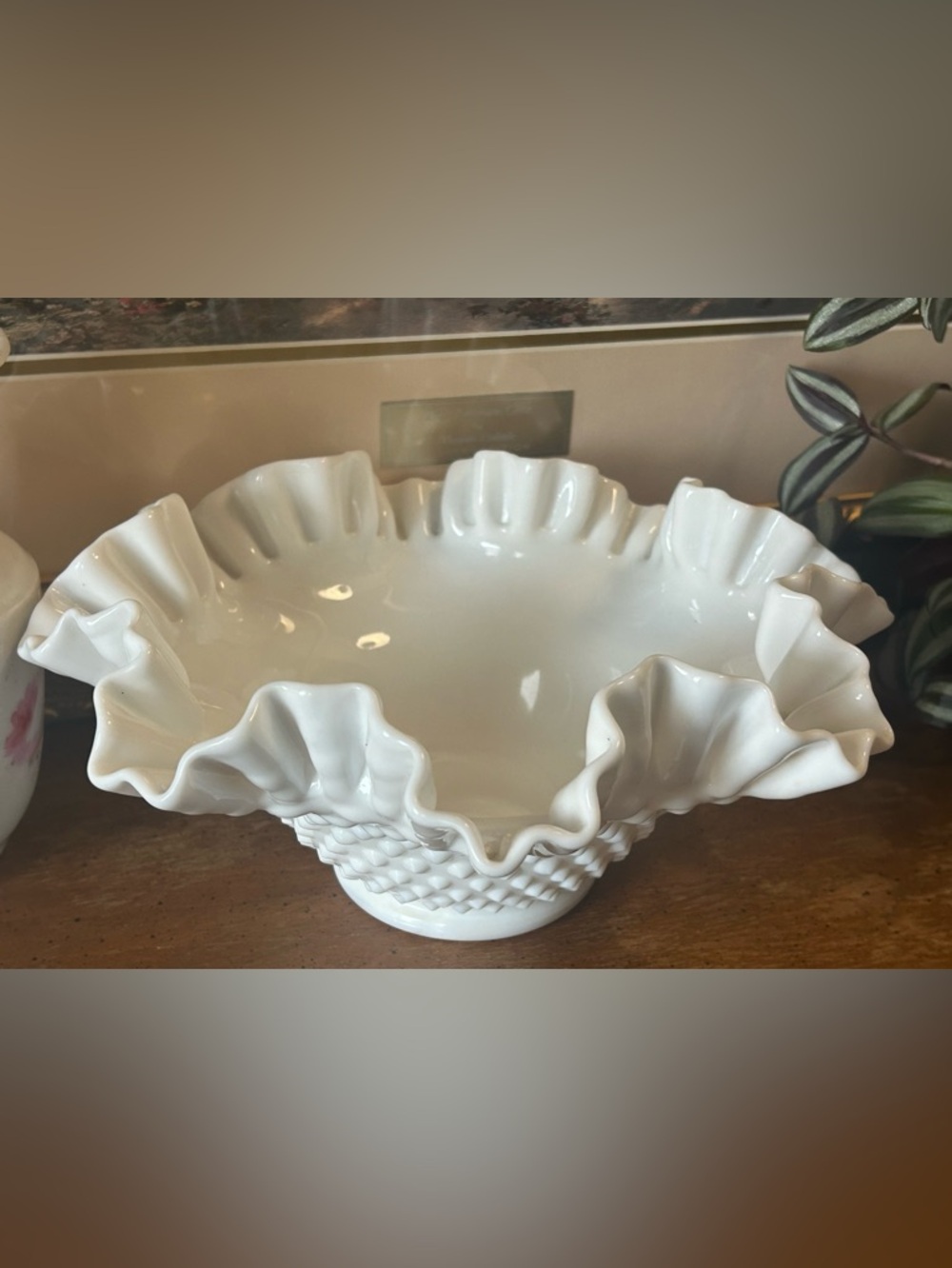 Vintage Fenton Hobnail Ruffled Milk Glass Bowl